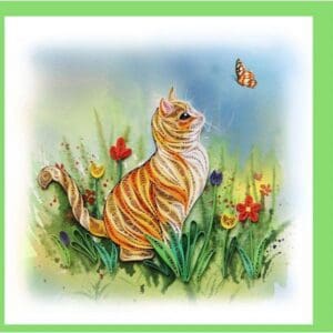 Quilled cat watching a butterfly