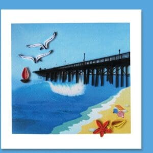 Seagulls flying near ocean pier artwork