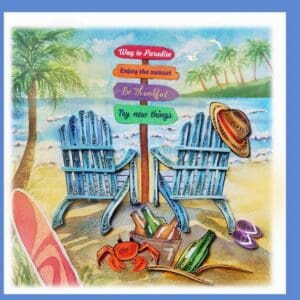 Beach chairs with colorful signs