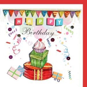 Festive birthday cake and decorations.