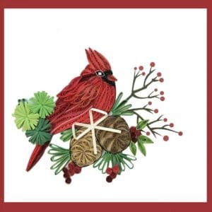 Quilled cardinal with pinecones and berries