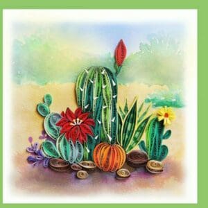 Quilled cactus art with colorful flowers