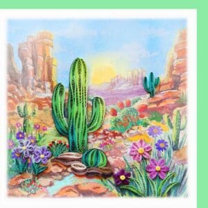 Vibrant quilled flowers and cacti in desert