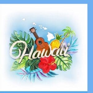 Tropical Hawaii design featuring leaves and ukulele
