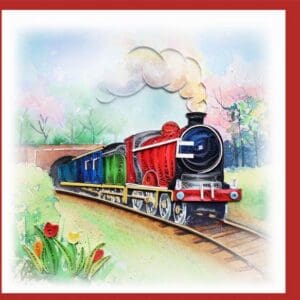 Quilled train artwork with smoke and flowers