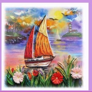 Colorful sailboat artwork with lighthouse