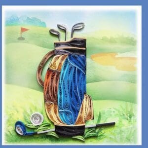 Quilled golf bag with clubs on course