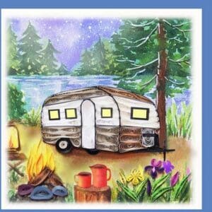 Quilled camper by a forest lake