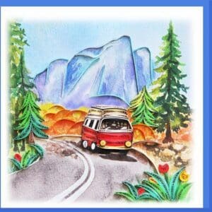 Colorful van on mountain road