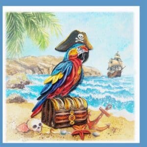 Pirate-themed parrot with ship background