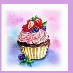 Quilled cupcake with berries and swirls
