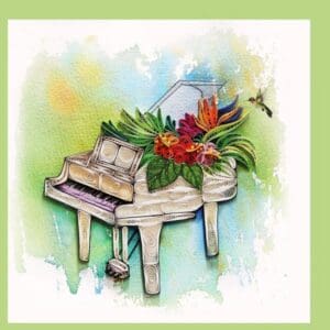 Decorative quilled piano and hummingbird scene