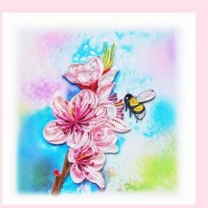 Paper quilling art with flowers and bee.