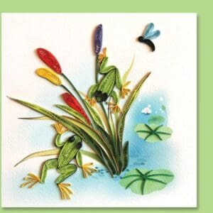 Colorful quilled frogs in pond scene