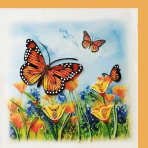 Vibrant butterflies flying over blooming flowers
