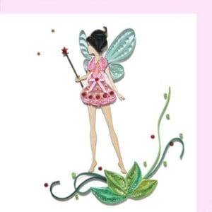 Colorful quilled fairy art with floral design.