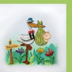 Paper art stork carrying baby bundle