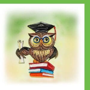 Owl holding diploma on books