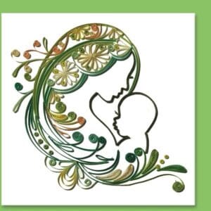 Floral-themed mother and child illustration.