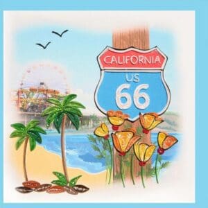 Route 66 sign with beach scene