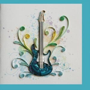 Paper quilled guitar with colorful swirls