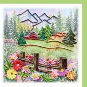 Colorful quilling art scene with cabin