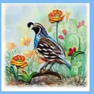 Quail crafted from intricately rolled paper.