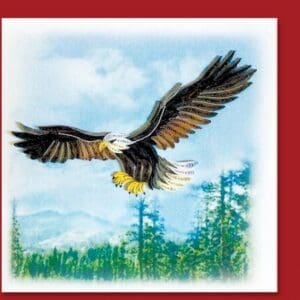 Bald eagle above lush green trees