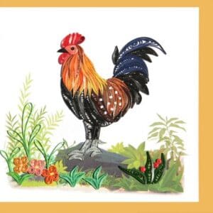 Paper art rooster surrounded by plants