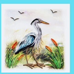 Quilled heron artwork with cattails