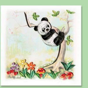 Quilled paper panda hanging from tree branch